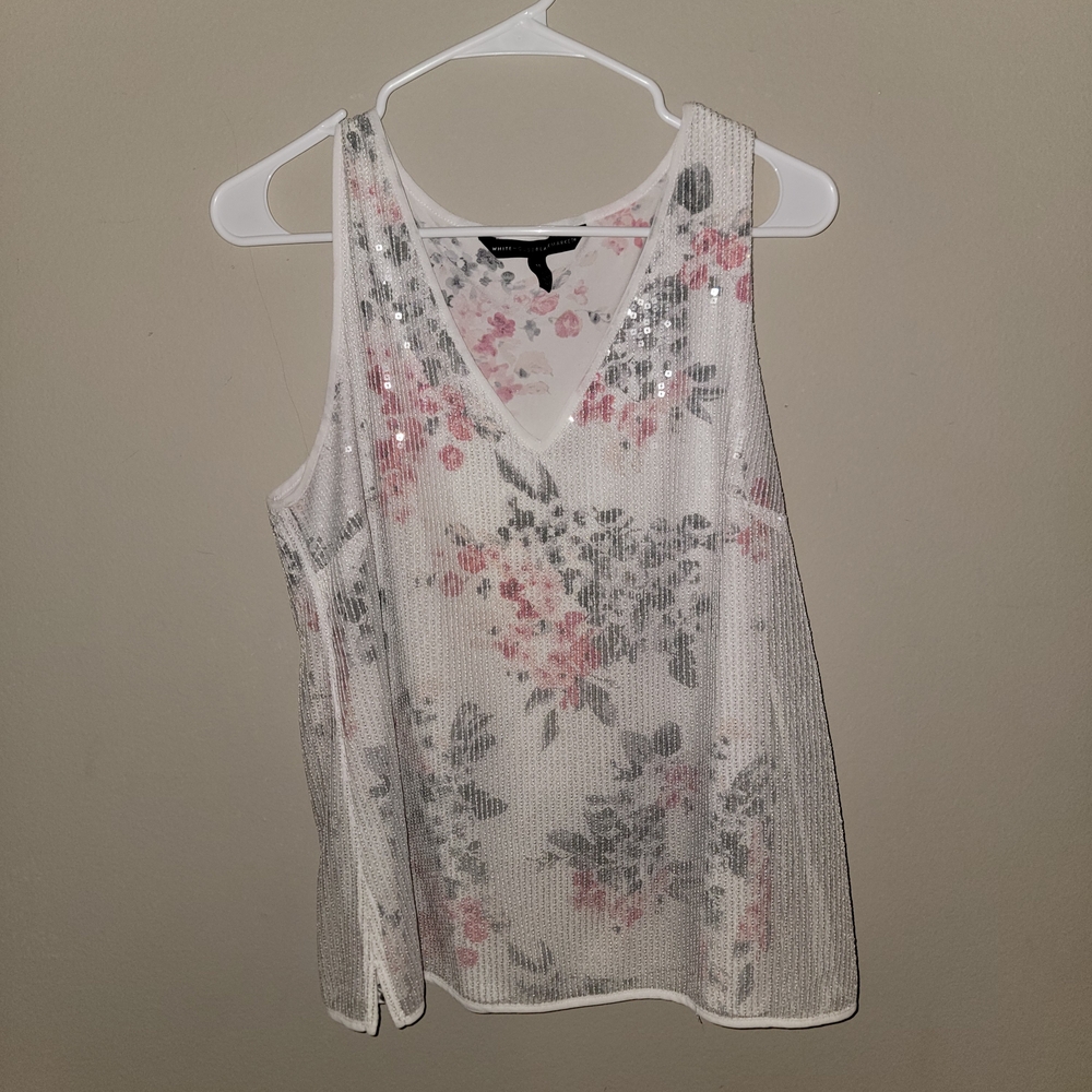 White House Black Market Pink and Gray Floral Sequin Tank Top